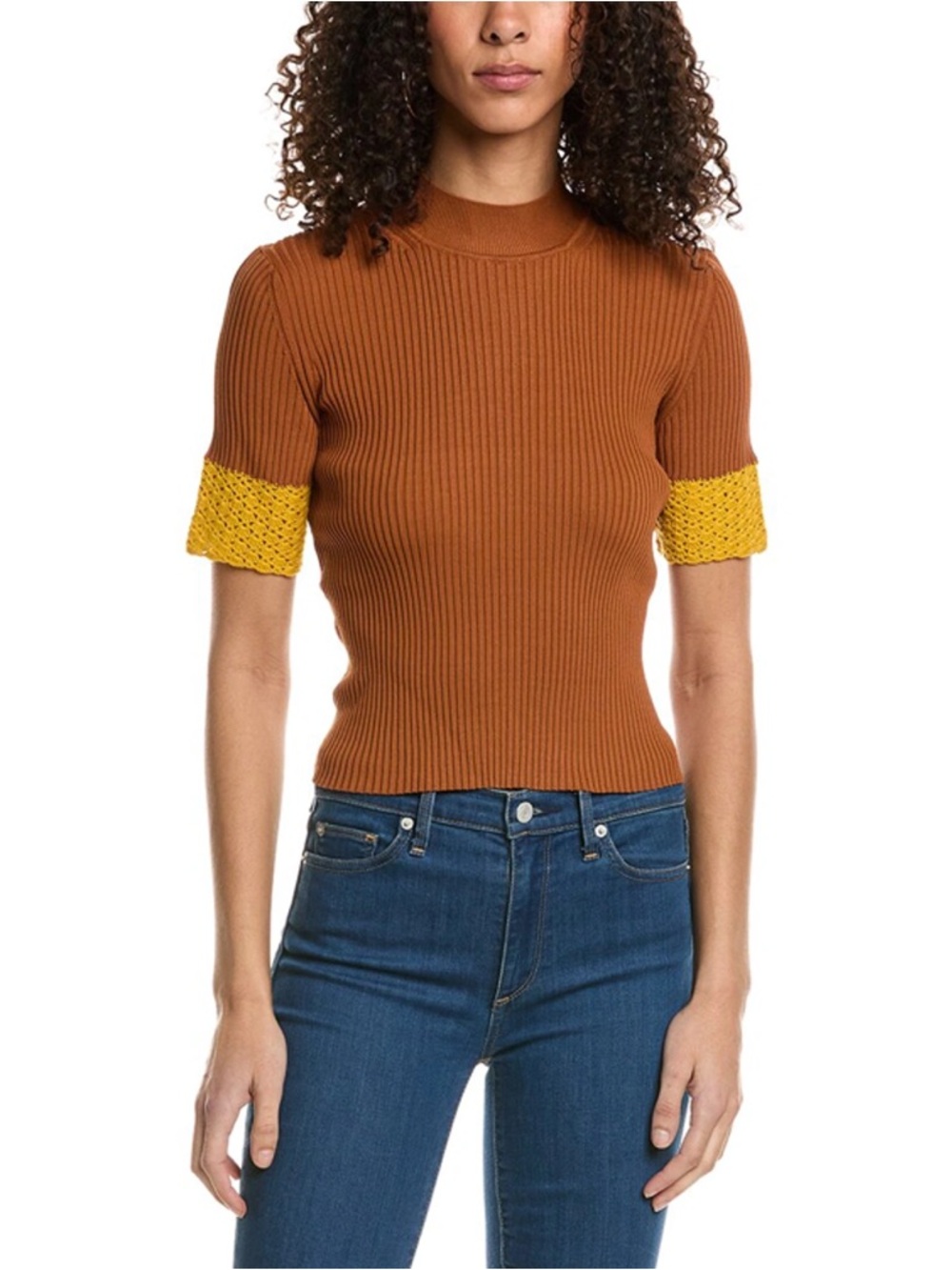 STAUD Ribbed Short-Sleeve Knit Top in Rust with Yellow Crochet Cuffs